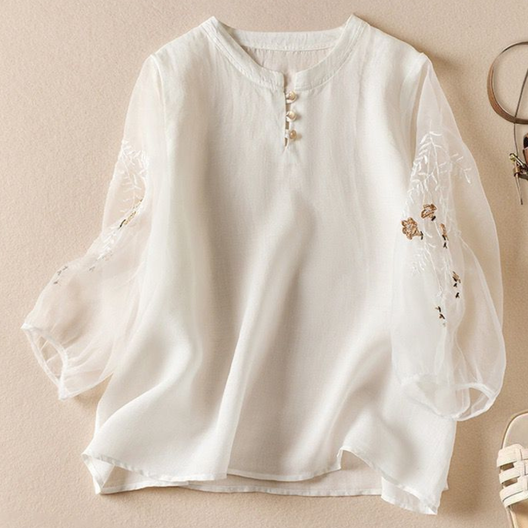 Pure Cotton Embroidered Organza Sleeves Top