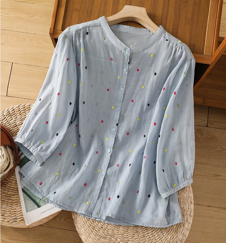 Pure Cotton Casual Wear Shirt With Colorful Embroidered Butties